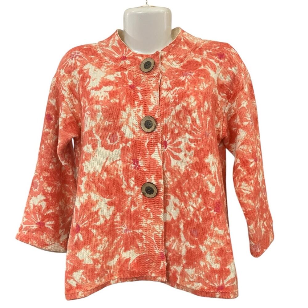 Coldwater Creek Women's Floral Snap Big Button 3/4 Sleeve Cardigan Sweater Sz S
